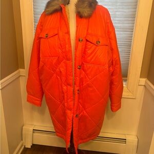 Orange Quilted Women's Coat with Faux Fur Collar
